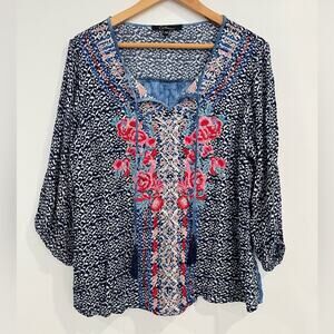 Calessa Top Womens M Petite Embroidered Floral Peasant Blouse Blue Bohemian